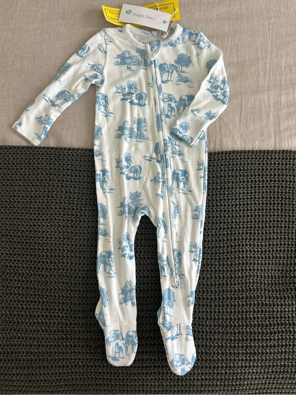 NWT Angel Dear blue farm print ribbed footie pajamas